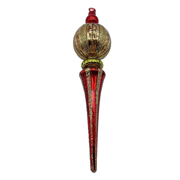 12” Vintage Red Gold Blown Glass Finial Christmas Tree Ornament Glitter - Picture 6 of 7